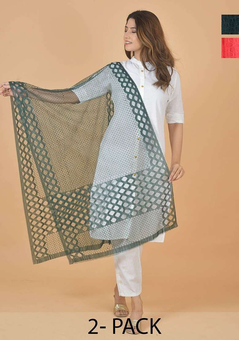 Green Poly Blend Selection Of 2 Geometric Woven Design Dupatta - Indya