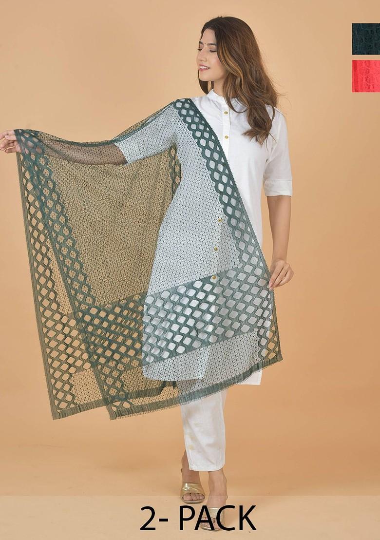 Green Poly Blend Selection Of 2 Geometric Woven Design Dupatta
