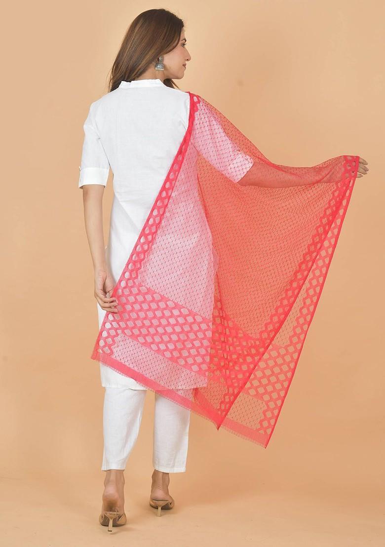 White Poly Blend Selection Of 3 Geometric Woven Design Dupattas