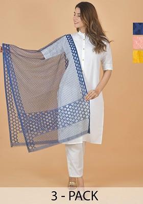 Blue Poly Blend Selection Of 3 Geometric Woven Design Dupattas