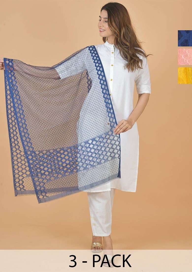 Blue Poly Blend Selection Of 3 Geometric Woven Design Dupattas - Indya