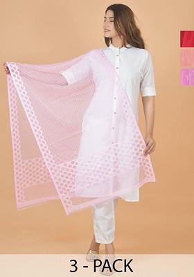 Red Poly Blend Selection Of 3 Geometric Woven Design Dupatta