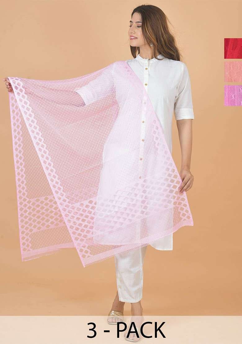Red Poly Blend Selection Of 3 Geometric Woven Design Dupatta - Indya