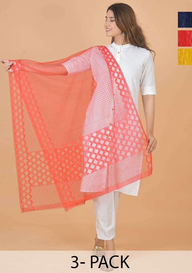 Green Poly Blend Selection Of 2 Geometric Woven Design Dupattas - Indya