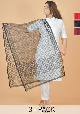 Black Poly Blend Selection Of 3 Geometric Woven Design Dupatta