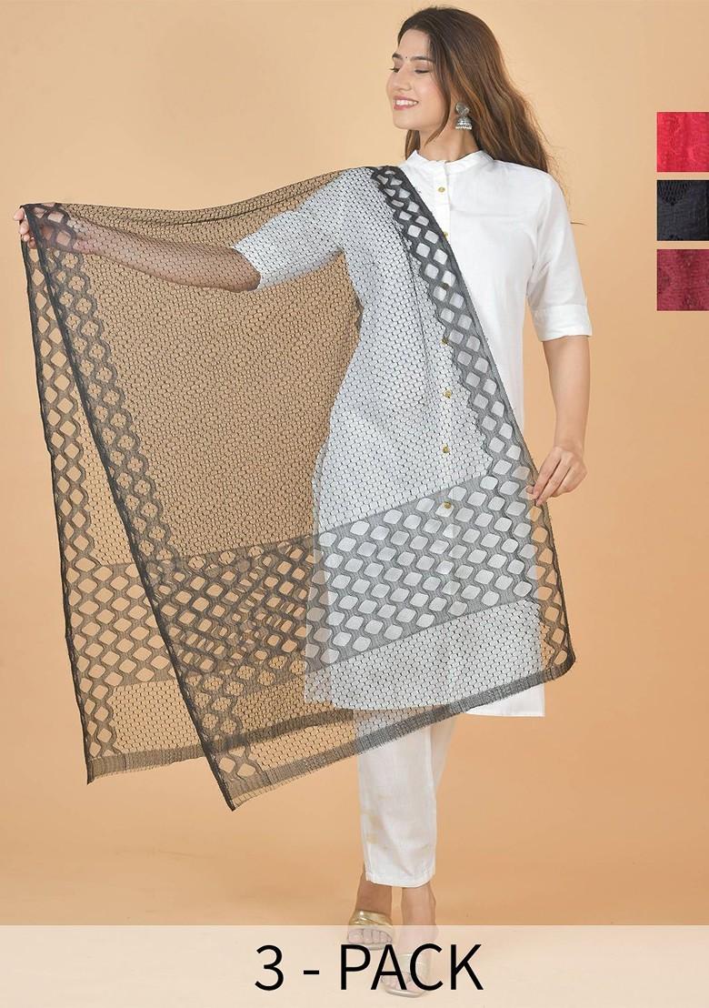 Black Poly Blend Selection Of 3 Geometric Woven Design Dupatta