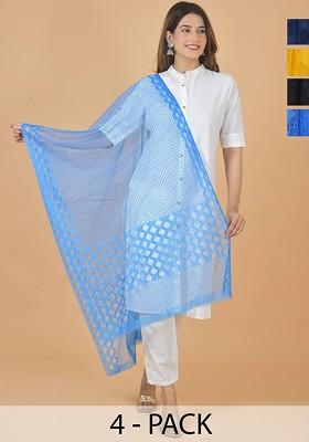 Blue Poly Blend Selection Of 4 Geometric Woven Design Dupattas