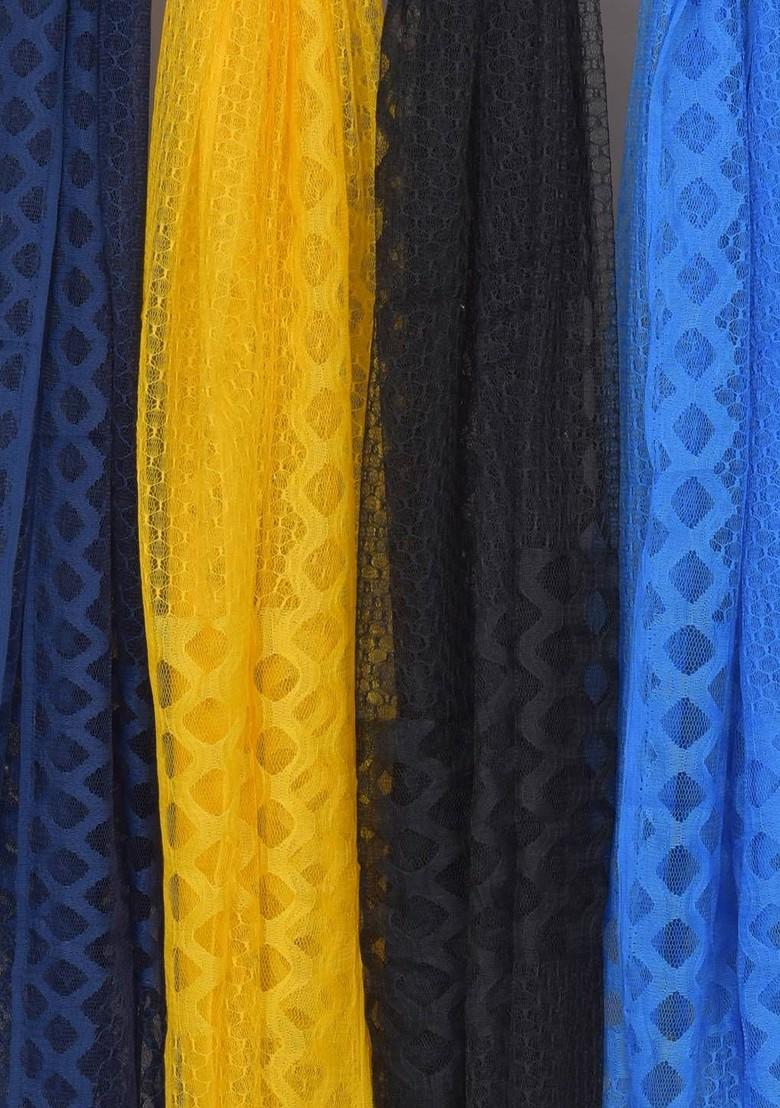 Blue Poly Blend Selection Of 4 Geometric Woven Design Dupattas