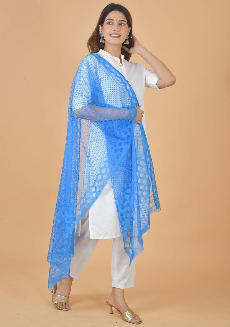 Blue Poly Blend Selection Of 4 Geometric Woven Design Dupattas