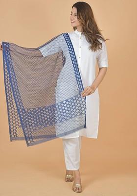 Blue Poly Blend Geometric Woven Design Dupatta