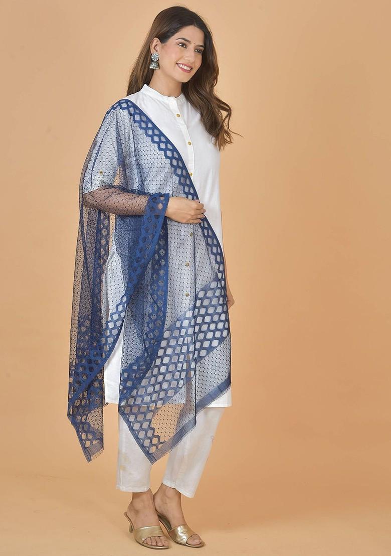 Blue Poly Blend Geometric Woven Design Dupatta
