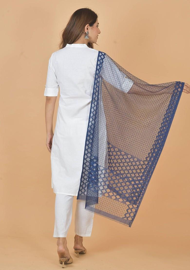 Blue Poly Blend Geometric Woven Design Dupatta