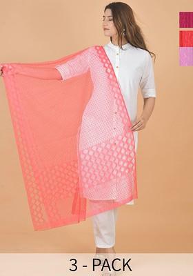 Pink Poly Blend Selection Of 3 Geometric Woven Design Dupatta