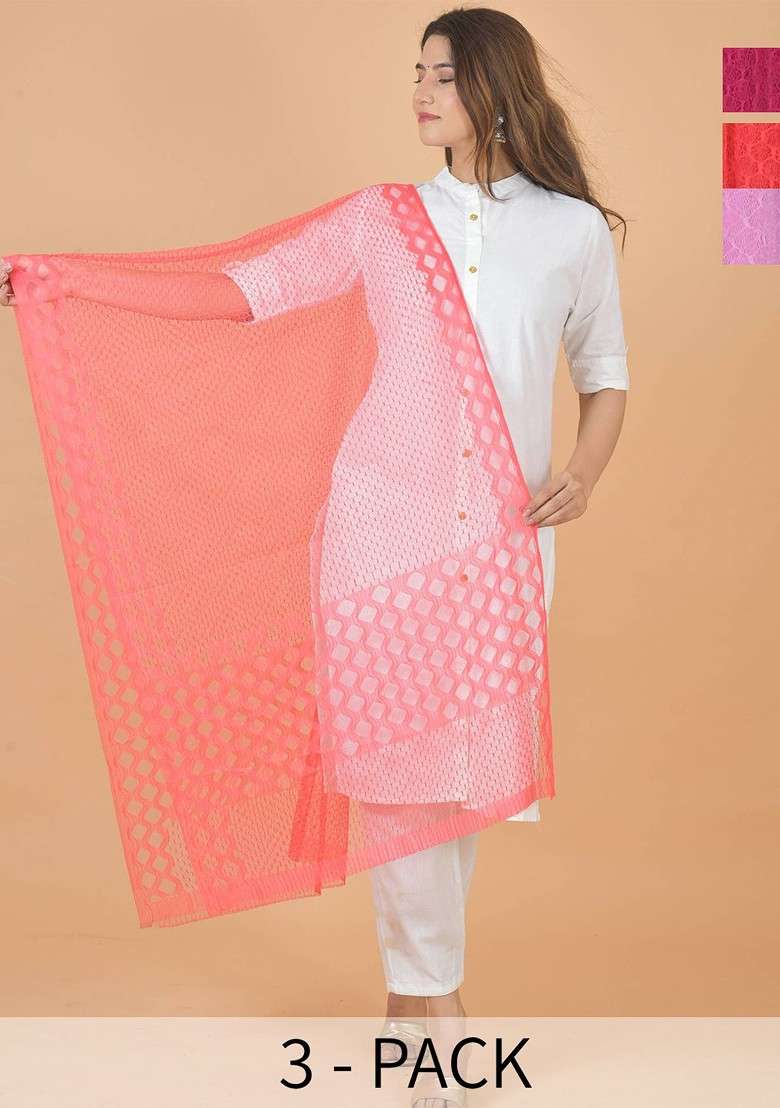 Pink Poly Blend Selection Of 3 Geometric Woven Design Dupatta - Indya