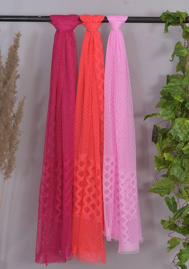 Pink Poly Blend Selection Of 3 Geometric Woven Design Dupatta