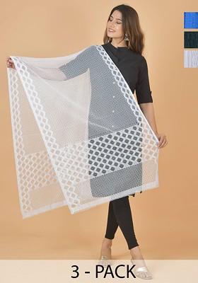 Blue Poly Blend Selection Of 3 Geometric Woven Design Dupatta