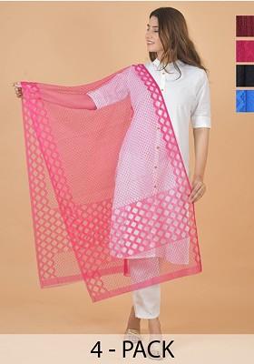 Maroon Poly Blend Selection Of 4 Geometric Woven Design Dupattas