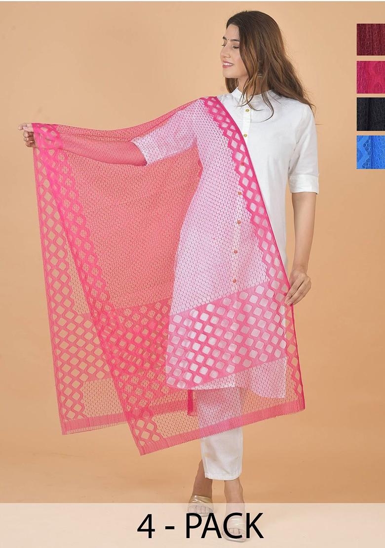 Maroon Poly Blend Selection Of 4 Geometric Woven Design Dupattas