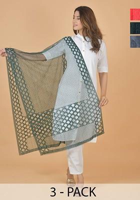 Red Poly Blend Selection Of 3 Geometric Woven Design Dupattas