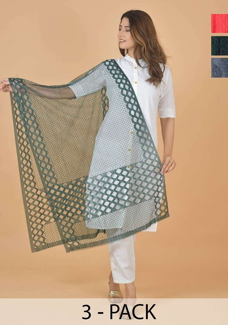 Red Poly Blend Selection Of 3 Geometric Woven Design Dupattas - Indya