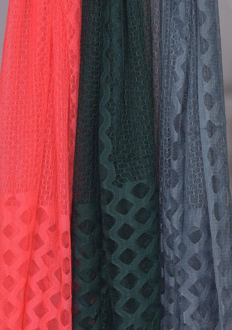 Red Poly Blend Selection Of 3 Geometric Woven Design Dupattas
