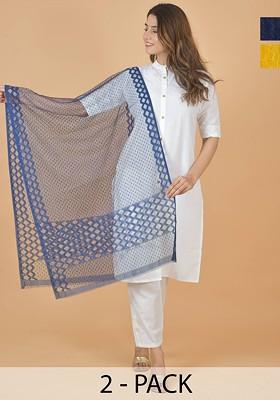 Yellow Poly Blend Selection Of 2 Geometric Woven Design Dupatta