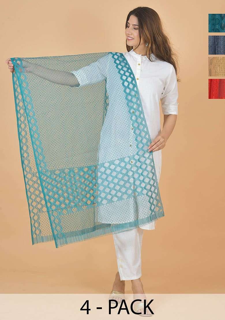 Blue Poly Blend Selection Of 4 Geometric Woven Design Dupattas - Indya