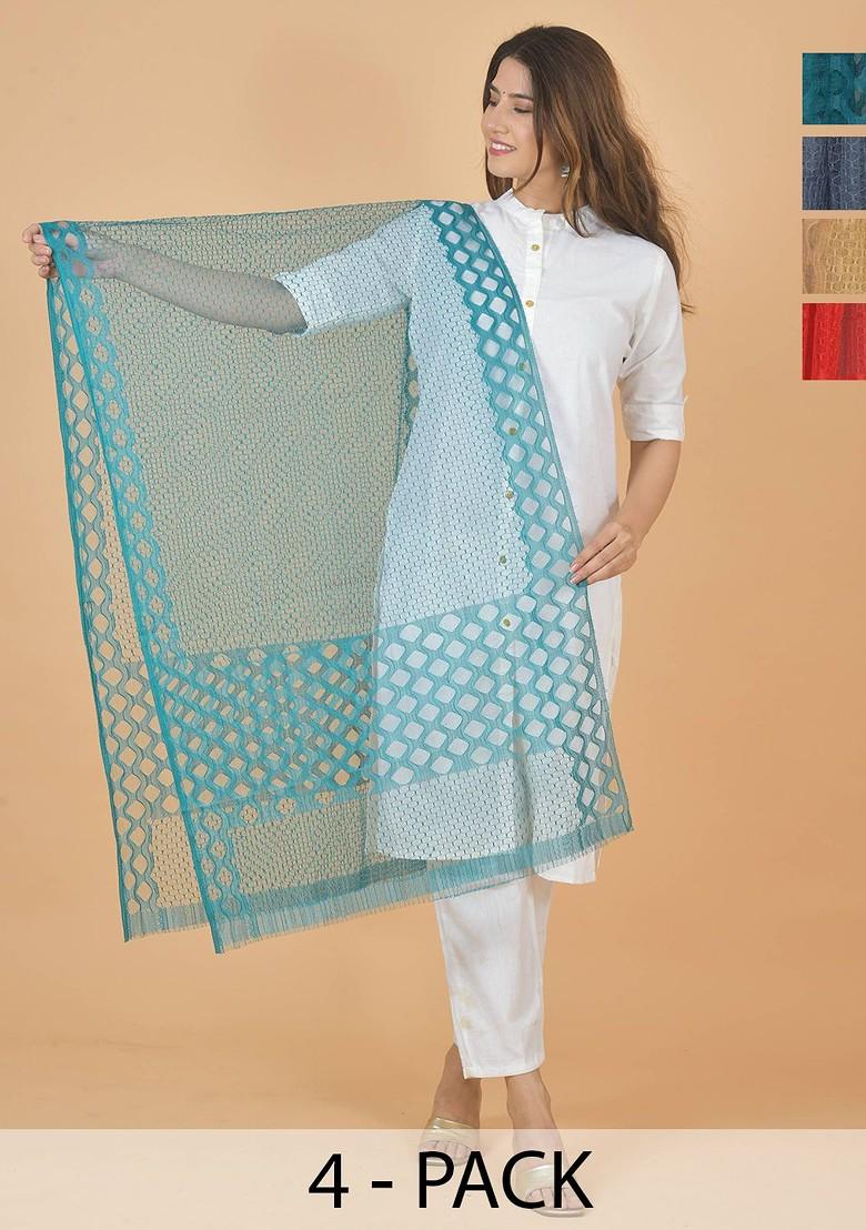 Blue Poly Blend Selection Of 4 Geometric Woven Design Dupattas