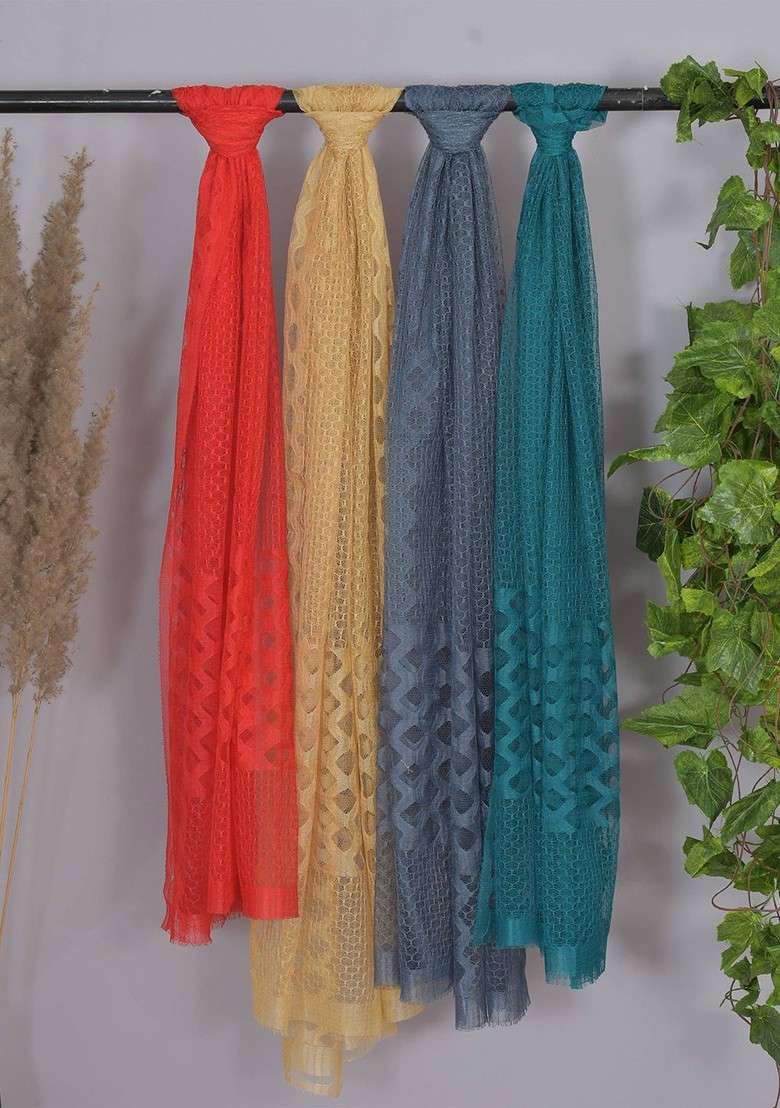 Blue Poly Blend Selection Of 4 Geometric Woven Design Dupattas - Indya