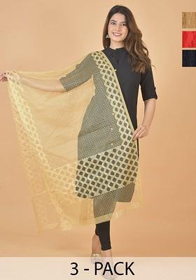 Black Poly Blend Selection Of 3 Geometric Woven Design Dupatta