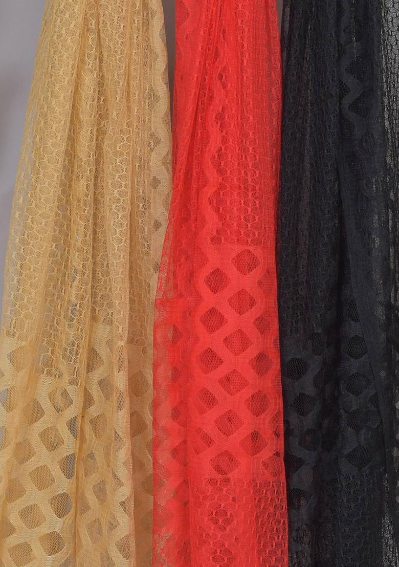 Black Poly Blend Selection Of 3 Geometric Woven Design Dupatta