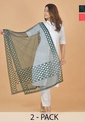 Green Poly Blend Selection Of 2 Geometric Woven Design Dupattas
