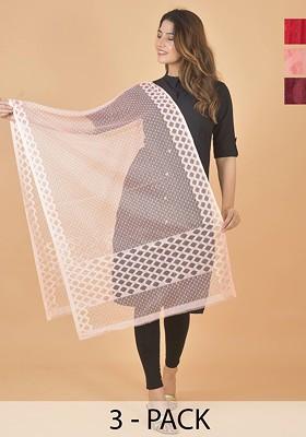 Red Poly Blend Selection Of 3 Geometric Woven Design Dupatta