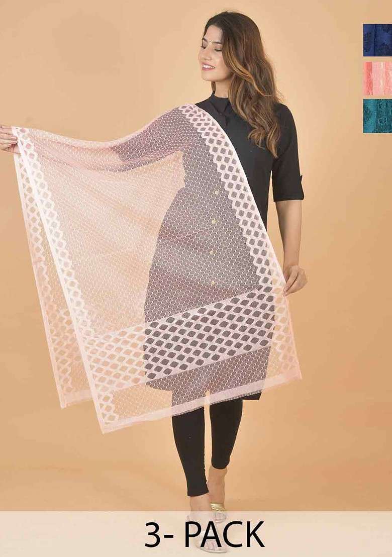 Blue Poly Blend Selection Of 3 Geometric Woven Design Net Dupatta - Indya