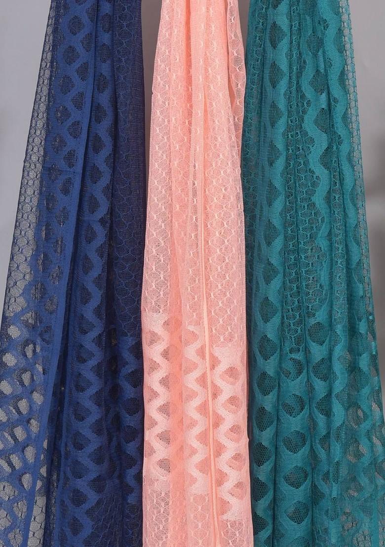 Blue Poly Blend Selection Of 3 Geometric Woven Design Net Dupatta