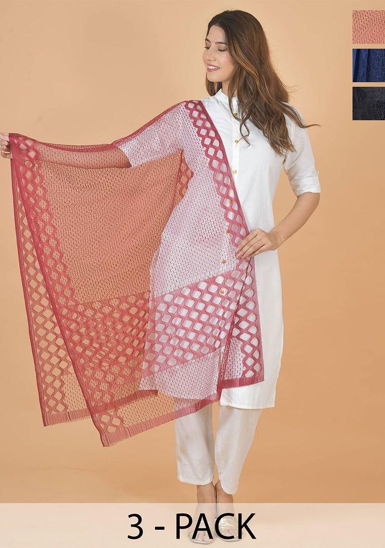Blue Poly Blend Selection Of 3 Geometric Woven Design Dupatta