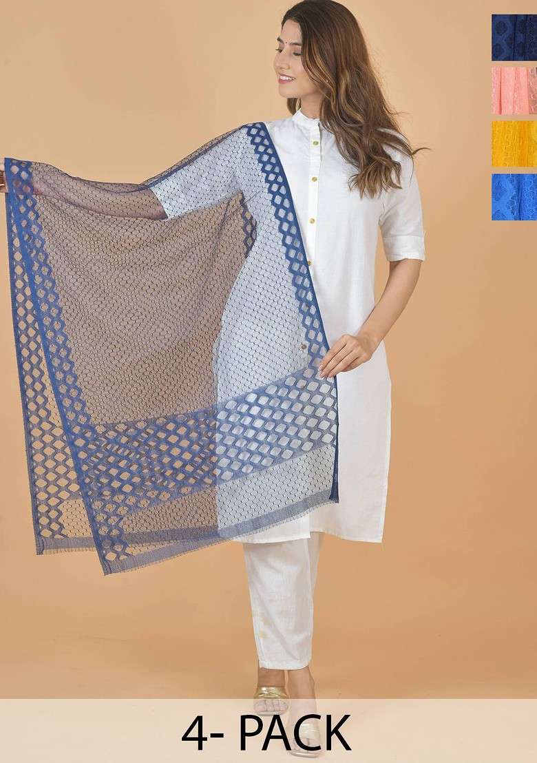 Blue Poly Blend Selection Of 4 Geometric Woven Design Dupatta - Indya