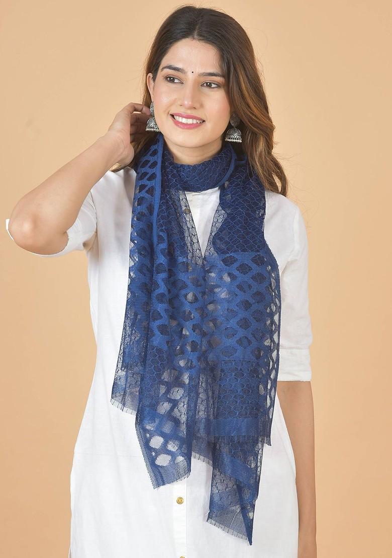 Blue Poly Blend Selection Of 4 Geometric Woven Design Dupatta