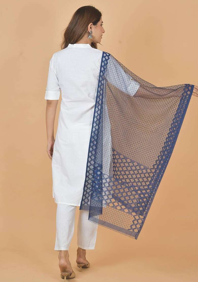 Blue Poly Blend Selection Of 4 Geometric Woven Design Dupatta - Indya
