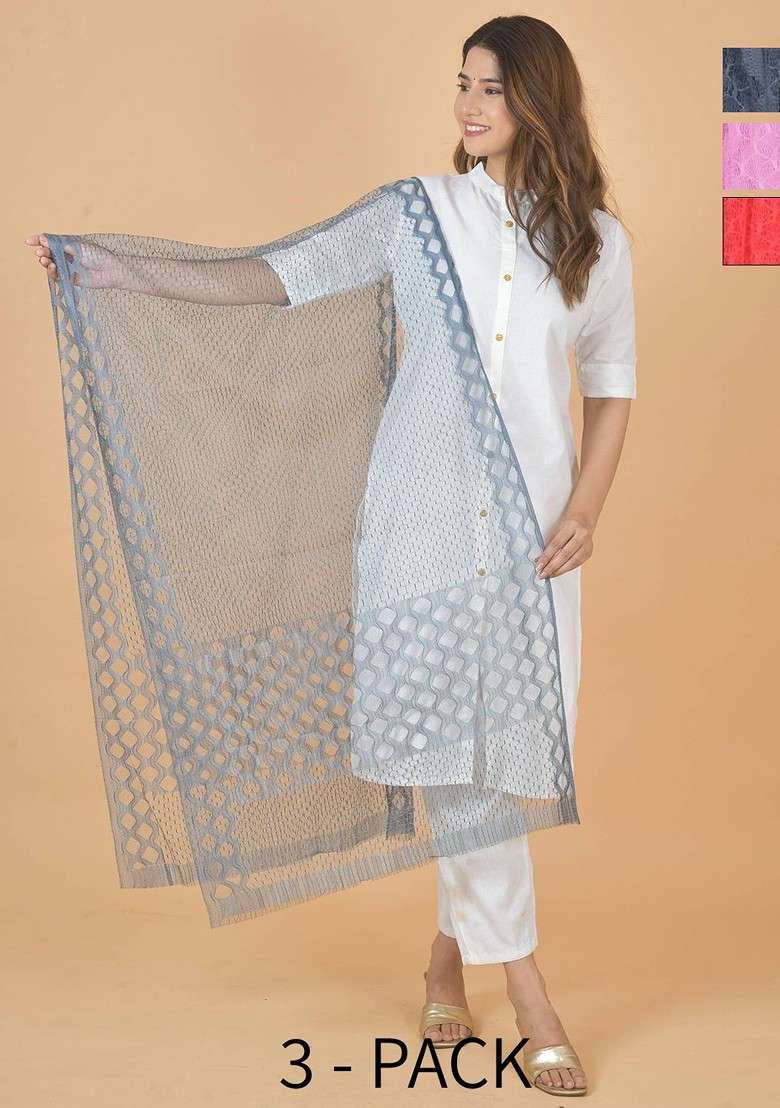 Grey Poly Blend Selection Of 3 Geometric Woven Design Dupatta - Indya