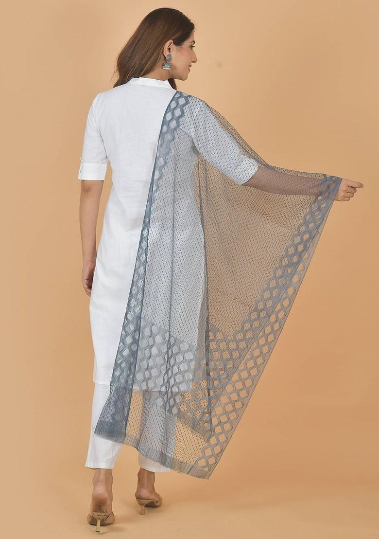 Grey Poly Blend Selection Of 3 Geometric Woven Design Dupatta