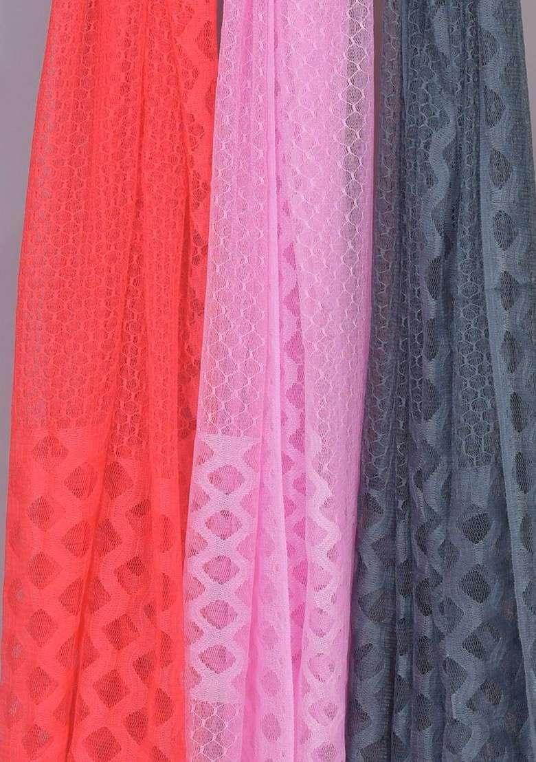 Grey Poly Blend Selection Of 3 Geometric Woven Design Dupatta - Indya