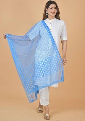 Blue Poly Blend Geometric Woven Design Dupatta