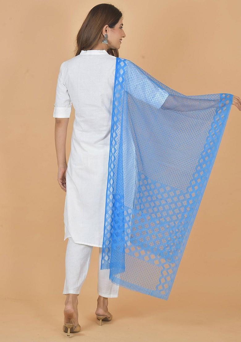 Blue Poly Blend Geometric Woven Design Dupatta
