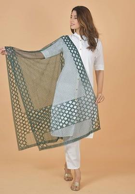 Green Poly Blend Selection Of 2 Geometric Woven Design Dupattas