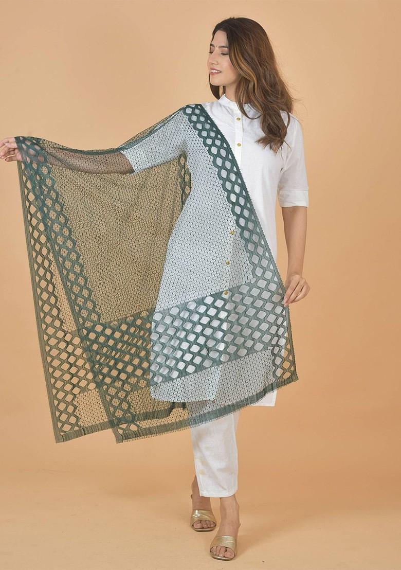 Green Poly Blend Selection Of 2 Geometric Woven Design Dupattas