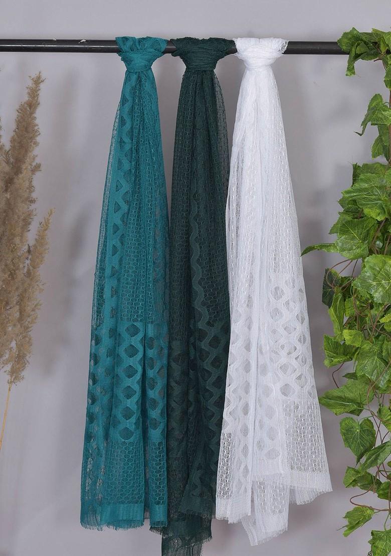 Green Poly Blend Selection Of 2 Geometric Woven Design Dupattas