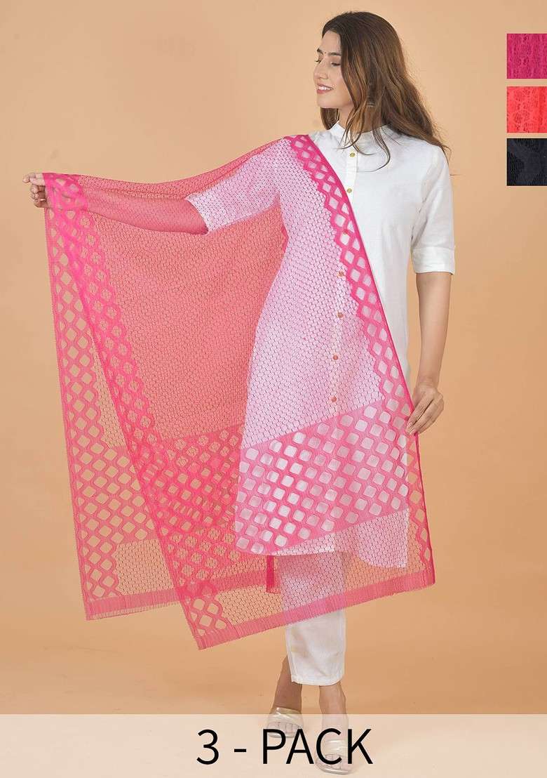 Pink Poly Blend Selection Of 3 Geometric Woven Design Dupatta - Indya