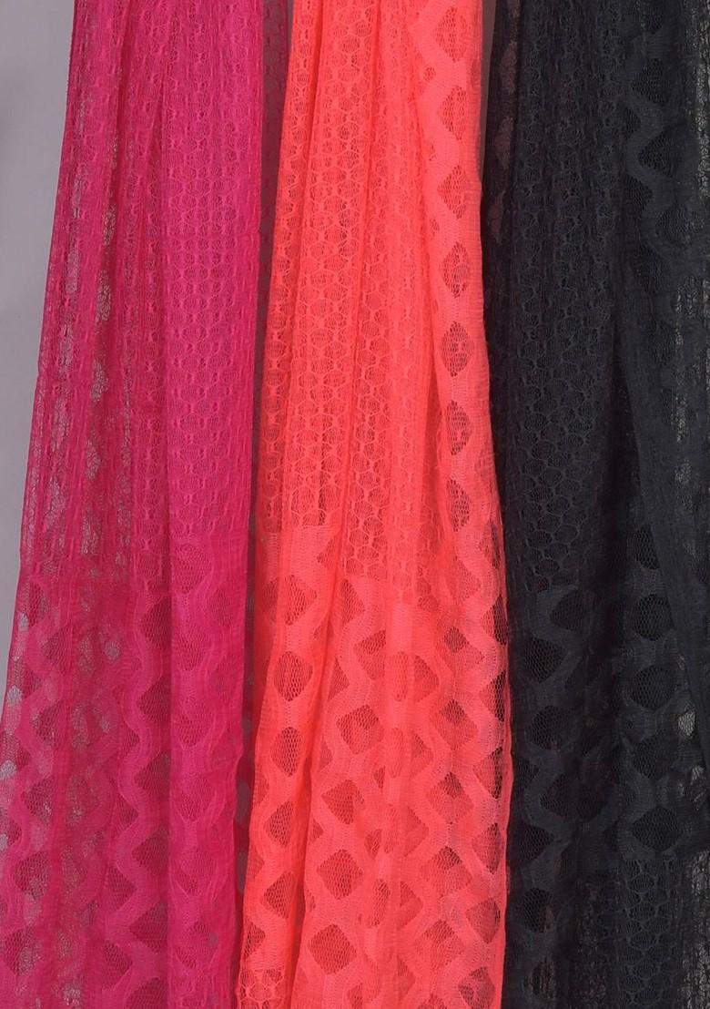 Pink Poly Blend Selection Of 3 Geometric Woven Design Dupatta