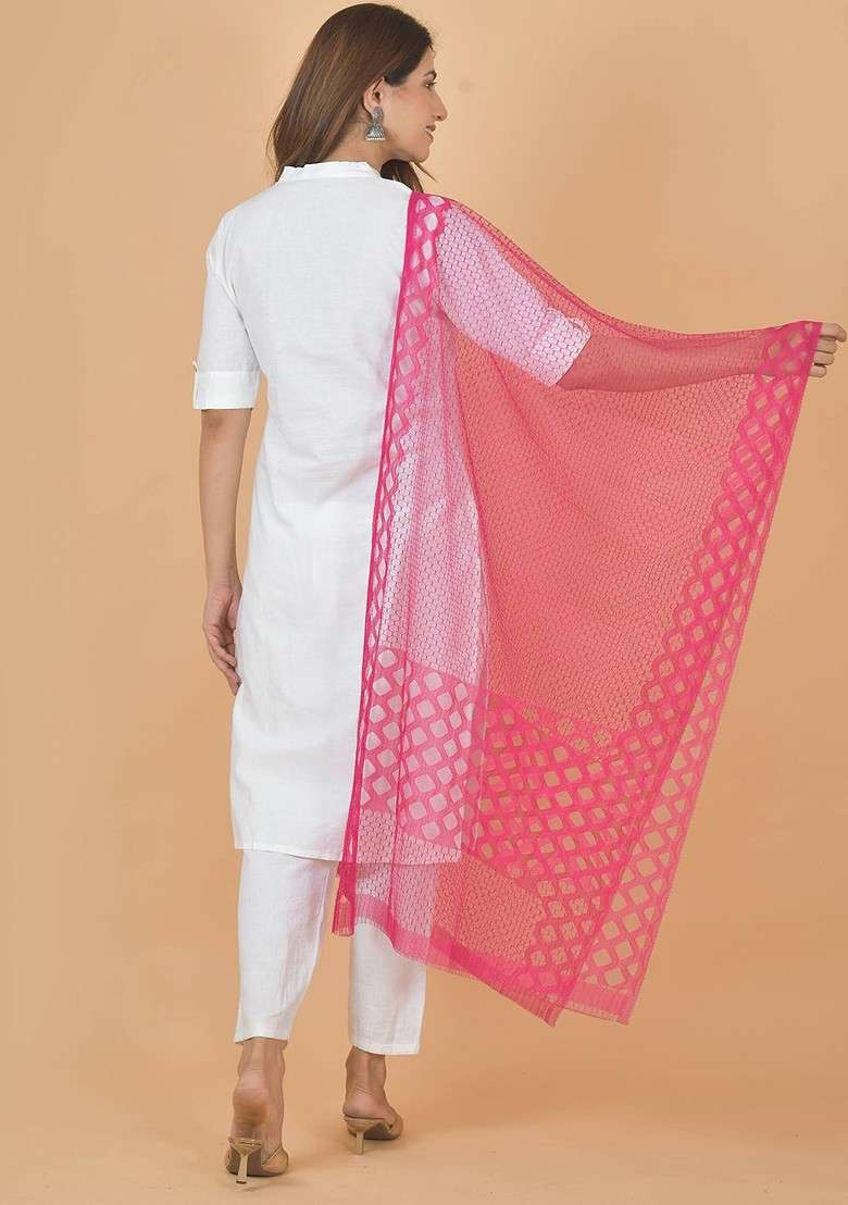 Pink Poly Blend Selection Of 3 Geometric Woven Design Dupatta - Indya